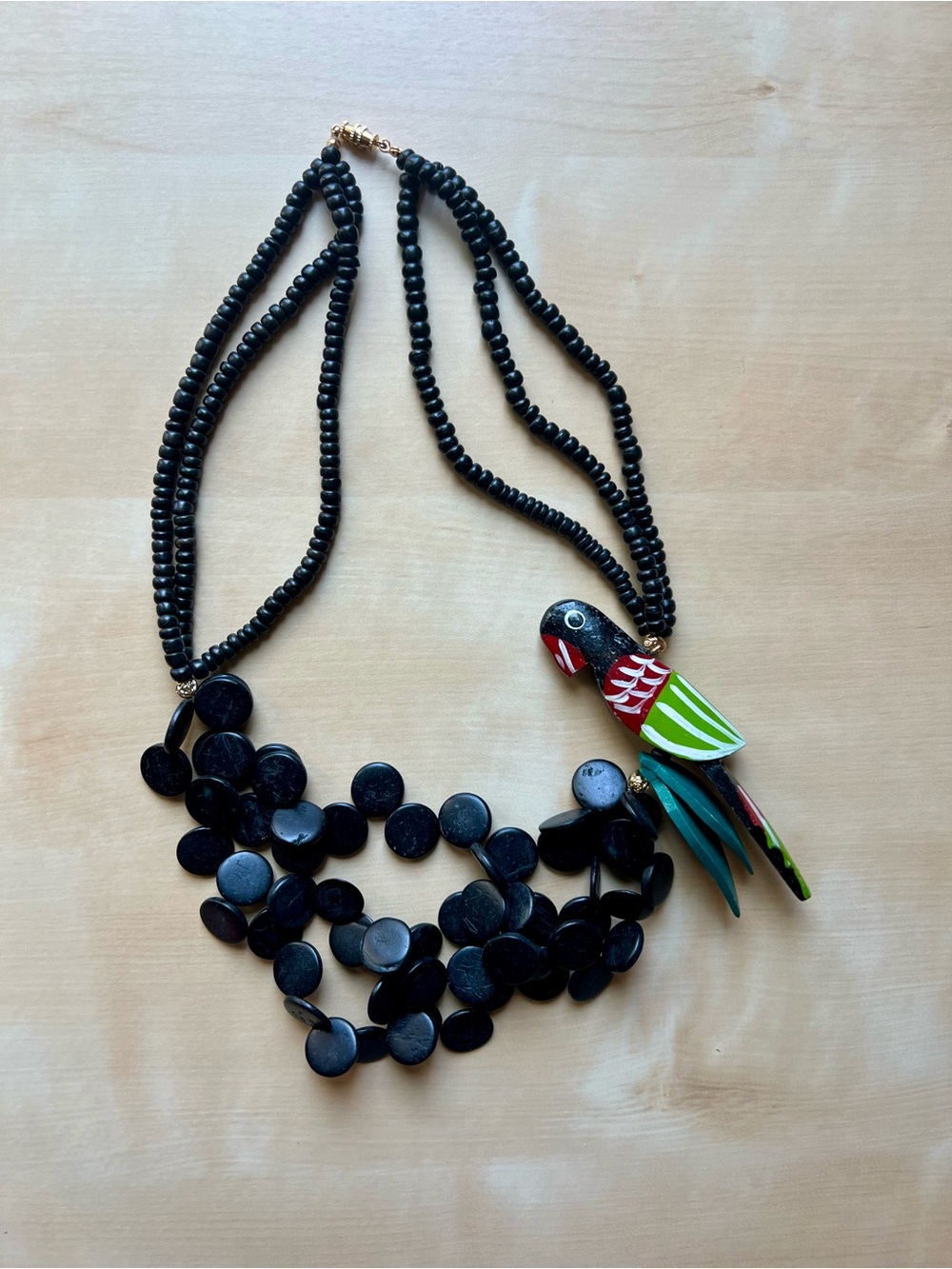 Artisan Chunky Statement Black Wooden Bead Necklace with Colorful Parrot Pendant